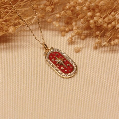 Kırmızı Mineli Kutup Yıldızı Minimal Kolye