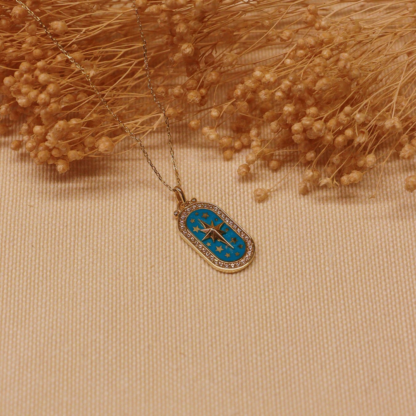 Mavi Mineli Kutup Yıldızı Minimal Kolye