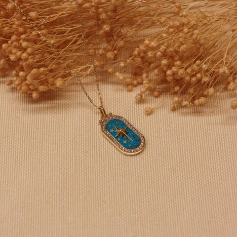 Mavi Mineli Kutup Yıldızı Minimal Kolye