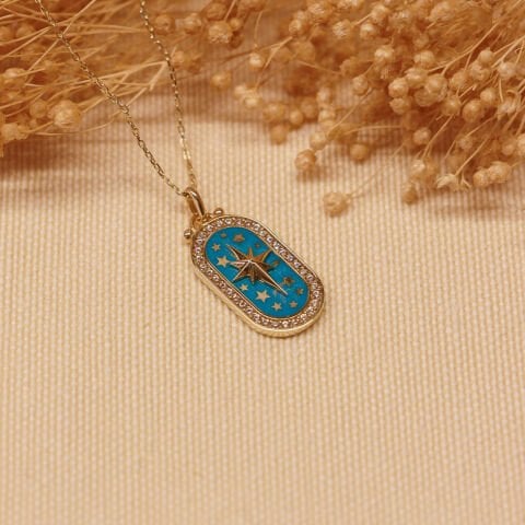 Mavi Mineli Kutup Yıldızı Minimal Kolye