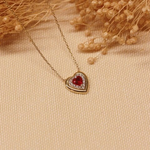 Yakut Taşlı Kalp Minimal Kolye