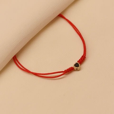 Siyah Taşlı Kalp Kırmızı İpli Bileklik