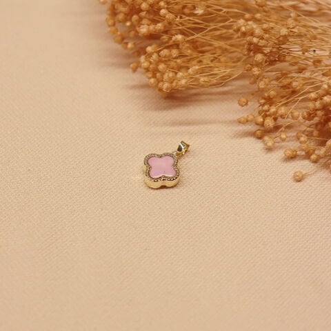 Pembe Taşlı Yonca Minimal Kolye Ucu