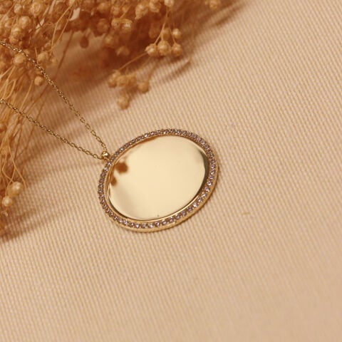 2 Cm Taş Çerçeveli Plaka Modern Kolye