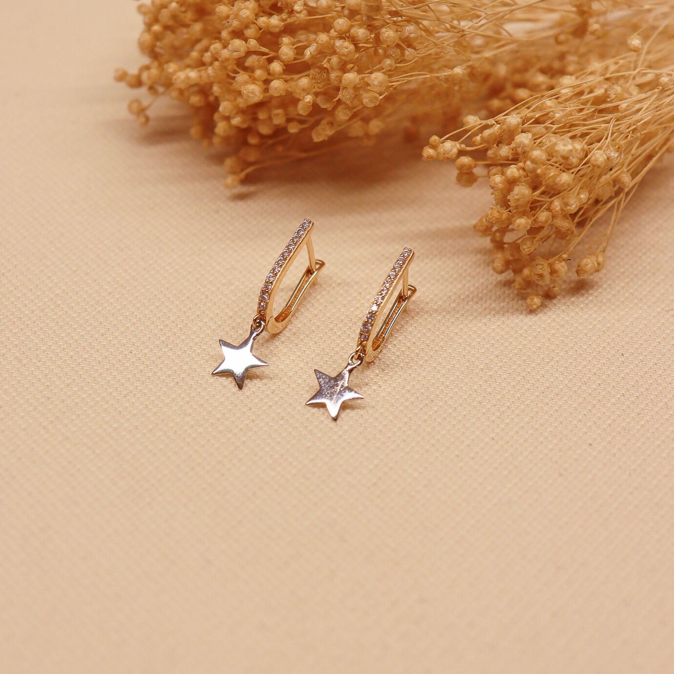 Plaka Yıldız Sallantılı Küpe