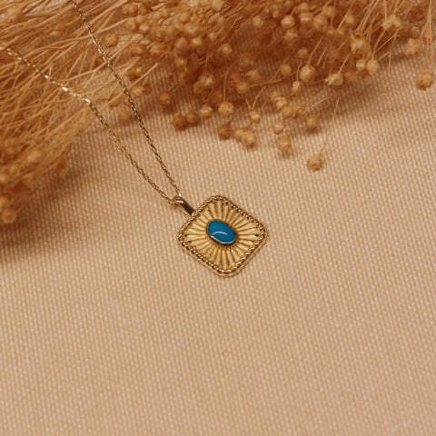 Kare Plaka Firuze Minimal Kolye