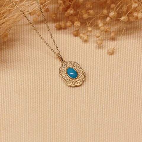 Retro Firuze Minimal Kolye