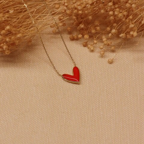 Kırmızı Mineli Kalp Minimal Kolye