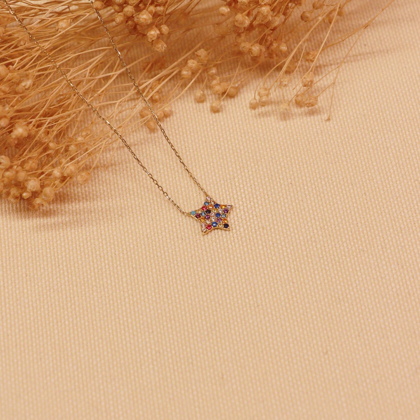 Renkli Taşlı Yıldız Minimal Kolye