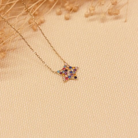 Renkli Taşlı Yıldız Minimal Kolye