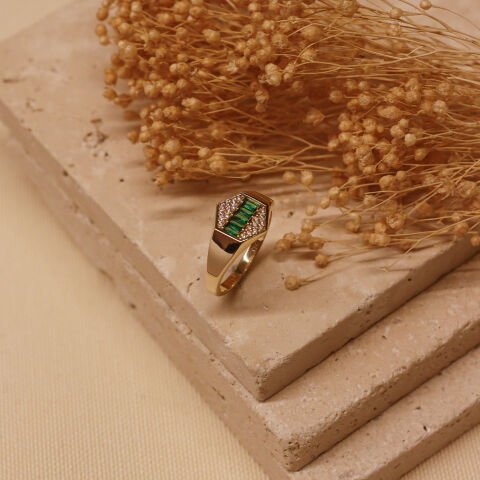 Valeris Yeşil  Altıgen Modern Yüzük