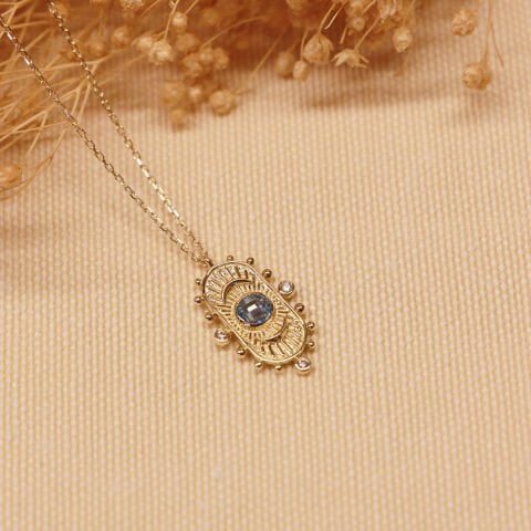 Aquamarin Plaka Retro Minimal Kolye