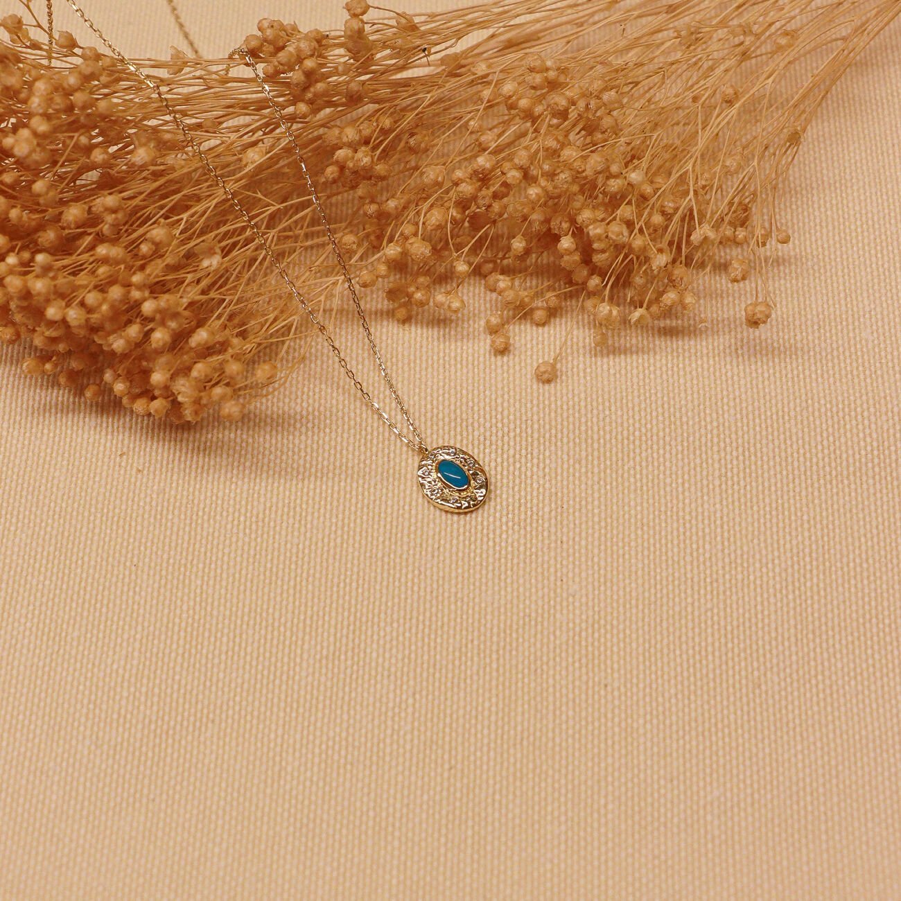 Firuze Oval Plaka Minimal Kolye