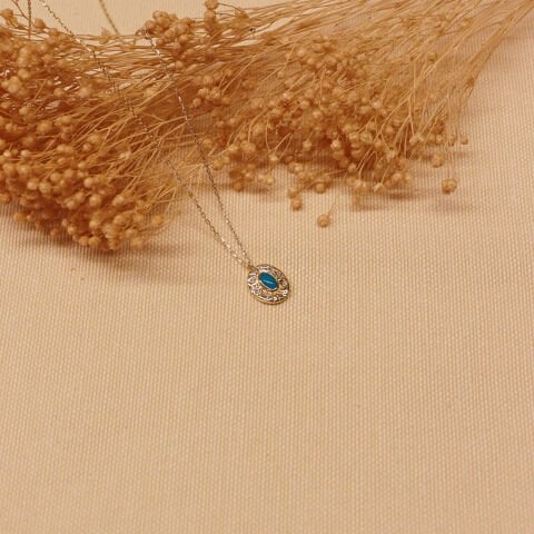 Firuze Oval Plaka Minimal Kolye