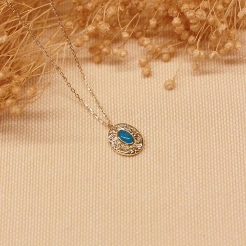Firuze Oval Plaka Minimal Kolye